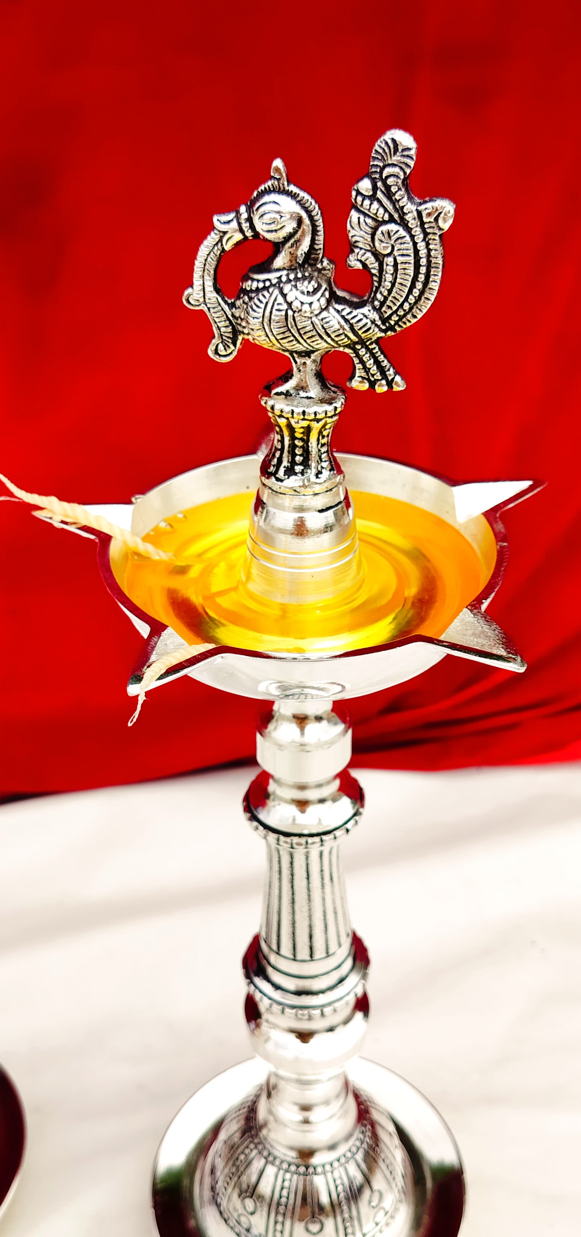 Antique Finish German Silver Peacock Diya Pair for Diwali/ Temple/ Housewarming Pooja